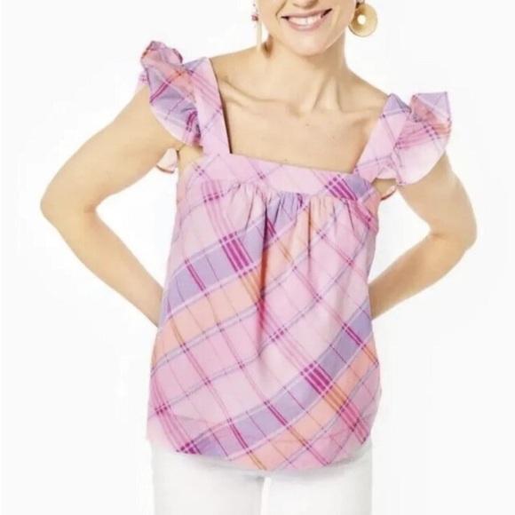 Lilly Pulitzer Tops - Lilly Pulitzer Reyna Top Pink Isle Madras Plaid Ruffle Tank Size small READ